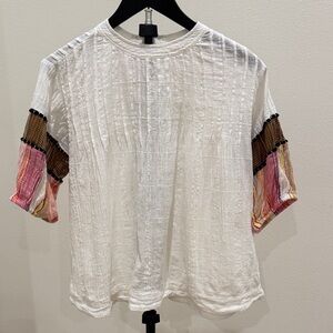 THML White Textured Short-Sleeve Boho Top with Multicolor Sleeve Panels